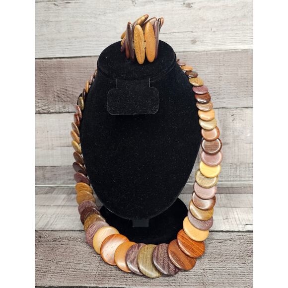 Vintage Exotic Boho Graduated Brown Wooden Disc Necklace Bracelet Statement Gift - Picture 1 of 6